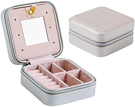 Small Travel Jewelry Box Built-in Mirror Organizer Display Storage Case for Rings Earrings Necklace - Faux Leather 10x10x6cm