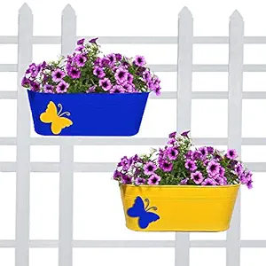 TrustBasket Metal Butterfly Oval Balcony Railing Planter (Blue and Yellow) -Set of 2