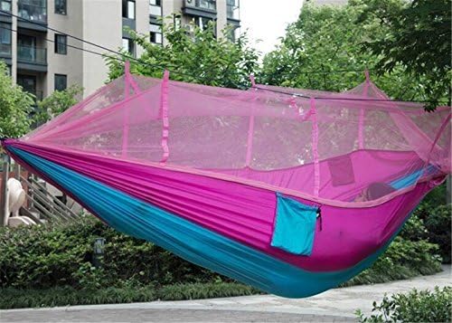 EIALA Camping Hammock, Mosquito Net Outdoor Hammock Travel Bed Lightweight Parachute Fabric Double Hammock For Indoor, Camping, Hiking, Backpacking, Backyard (Pink + Blue)