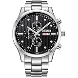 BUREI Herren-Chronograph Quarz Saphirglas mit Datum und Edelstahl Armband (Silber)