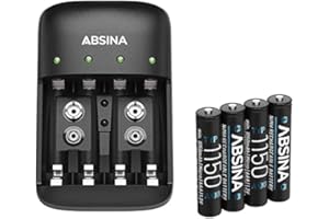 ABSINA Cargador Pilas AA AAA & 9V + 4X AAA 1150 Pila - Pilas Recargables Cargador NiMH para 4 Baterías Recargables - Cargador Pilas Recargables AA, AAA & 9V - Cargadores de Pilas