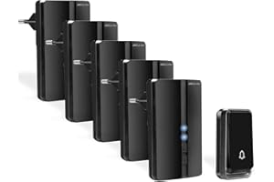 Bell4U Timbre inalámbrico con 5 receptores, timbre de puerta inalámbrico, timbre para puerta exterior, impermeable, sin batería, 1 transmisor, LED intermitente, 4 niveles de volumen, 52 tonos de