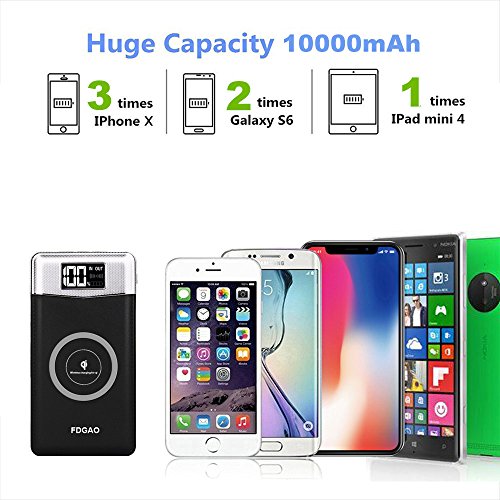 Chargeur    Induction sans fil  FDGAO Batterie Externe 10000mAh Wrieless Power Bank avec Affichage Num  rique Chargeur Portable pour iPhone 8 8 Plus   iPhone X  Samsung Galaxy S9 S8 S7 S6 S6 Edge   Note 5 et tous les appareils compatibles Qi  Noir