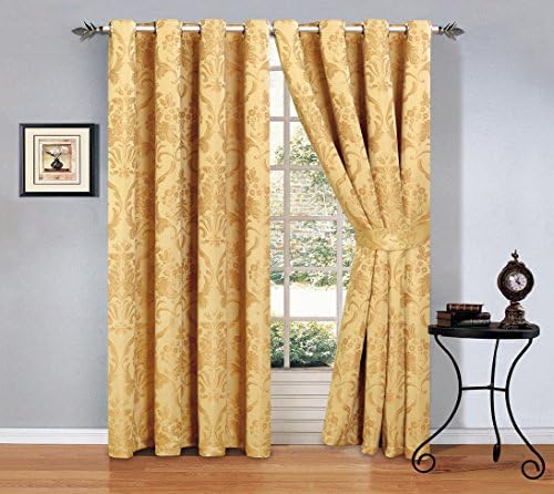 New Luxury Self Print Jacquard Fabric Fully Lined Eyelet Ring Top Curtains Inc Matching Tie Backs (90"x90", Ruby Gold)