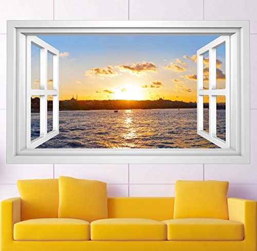 3D Wandmotiv Sonnenuntergang Meer Wasser Fenster Wandbild Wandsticker Wandtattoo Wohnzimmer Wand Aufkleber 11E380, Wandbild Größe E:ca. 168cmx98cm