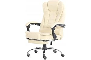 Ecarla Krzesło biurowe, fotel szefa, krzesło obrotowe, krzesło komputerowe z podnóżkiem, regulacja wysokości siedziska, sztuczna skóra (kremowy), KO22