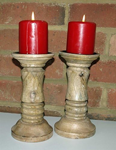Apple Green Pair of Natural Distressed Wood Candle Sticks 20cm