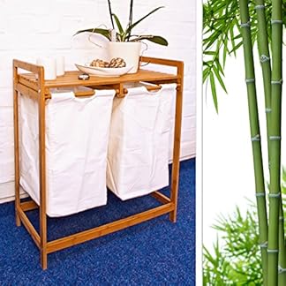 Relaxdays Wäschesammler LINEA Bambus, 2 Wäschesäcke aus Stoff, Ablagen