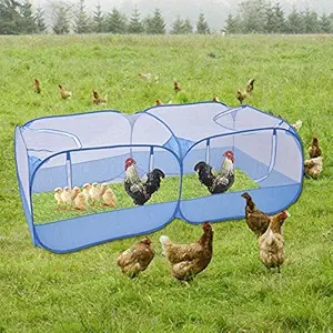 Jhua Pet Playpen for Small Animals, Portable Chicken Run with Cover, Foldable Chicken Coop Outdoor, Play Pens for Small Pets with Transparent Mesh Walls for Chicken Duck Puppy Cat Rabbit (Blue)