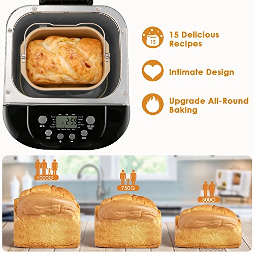 Aicok Brotbackautomat, 2.2LB Programmierbare Brotbackmaschine Edelstahlgehäuse mit 15-Stunden-Verzögerungs-Timer, 15 Programmen – Glutenfreie Vollweizen-Brotbackmaschine - 4
