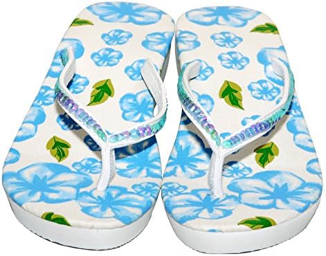 Ladies Sequinn Strapped Blue and White Flower Wedge Flip Flops Size UK 3 or EU 36