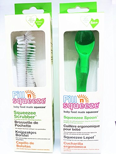 Fill n Squeeze Ensemble de pinceau de nettoyage et cuillère de sevrage pour sachet de bébé qui s'adapte à tous les sachets tels que les sachets Ella's Kitchen, les sachets organiques Hipp