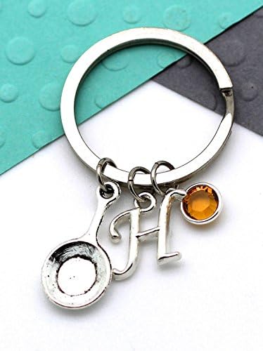 Frying Pan Personalised Keychain, Chef Keyring, Personalized Birthstone & Initial, Letter, Alphabet Gift