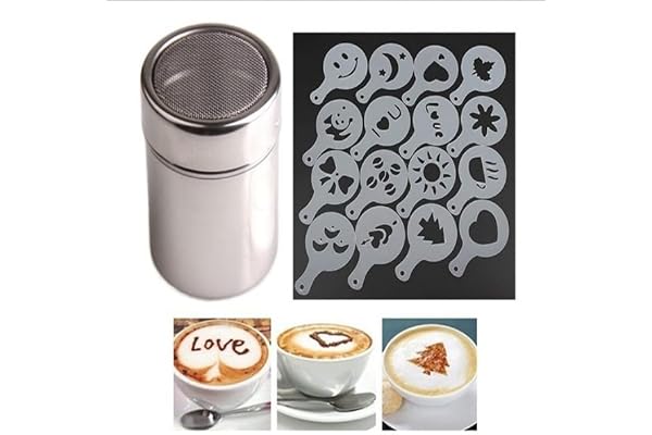 Icingsockerspridare, rostfritt stål för kakaopulver med 16 cappuccino mallar för salt, socker, mjöl, kakao, kaffe, choklad