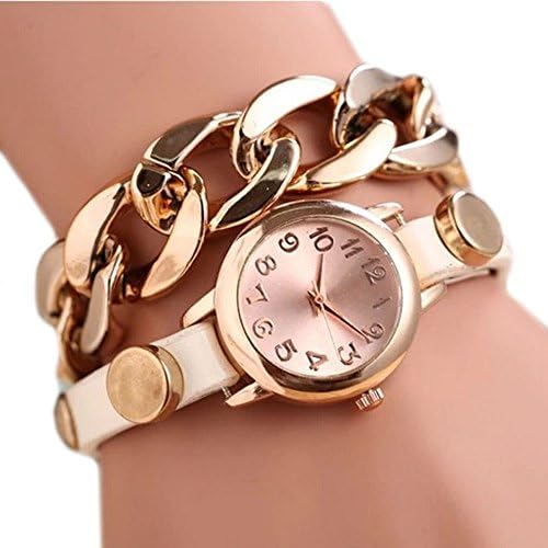 Atdoshop(TM) 1PC Punk Women Gold Dial Leather Chain Wrist Watch Bracelet Watch (White)