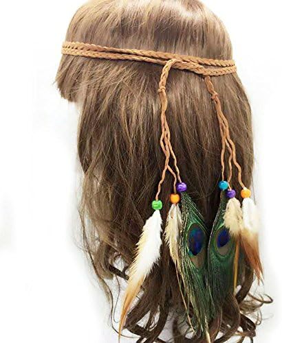 MIGUOR Headband Feather Headband Women girls Indiana Peacock Feather Headpiece with Bead Braided Hair Fancy Headpieces Gifts (coulor07)