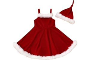 XIXIMAON Bebé Niña Conjunto de Navidad 2 Piezas Traje Navideño Vestido sin Manga con Tirantes y Dobladillo de Felpa + Sombrero Anudado para Chicas de 18 Meses a 6 Años