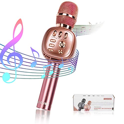 Microfono karaoke inalambrico Bluetooth, NINE CUBE karaoke mic 3 en 1 de mano, Reproductor,Regalo para amigos y ninos, Compatible con IOS, Android, PC y otros productos inteligentes (Oro rosa)