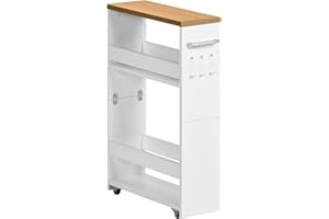 ‎FETINES FetiNes Rollwagen 3 Ebenen, Küchenwagen schmal, Nischenregal auf Rollen, Stahl, Griff, für kleine Räume, 40 x 14 x 60 cm, Küche, Bad, Wohnzimmer, Arbeitszimmer, Eichenfarben + Weiß