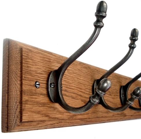 11 sizes - HANDMADE - SOLID OAK TRADITIONAL COAT RACK with 8 ACORN CAST IRON HOOKS - NATURAL POLISHED.