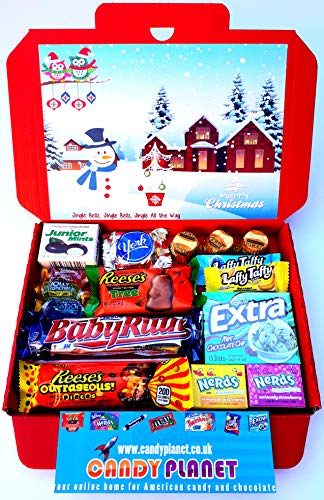 Christmas American Miniatures Candy Gift Box Hamper | Try Lots of American Classics | Letterbox Friendly | Glossy Red Hamper Box | Hershey's Reese's | 16 Items | Mini Hamper Exclusive to CANDYPLANET