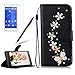 Produktbild Girlyard für Xperia Z5 Diamant Lederhülle, Bling Glitzer DIY Crystal Schutzhülle Luxus Premium PU Flip Case mit Lanyard Strap Standfunktion Kartenfach Magnetverschluss Etui für Sony Xperia Z5 Schmetterling Blumen Weiß