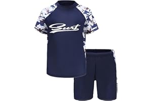 OFIMAN Swimsuit for Boys Swim Set Swimwear for Kids Trunks Shorts Short Sleeve Sun Protection 50+ Swimming Costume (Letter