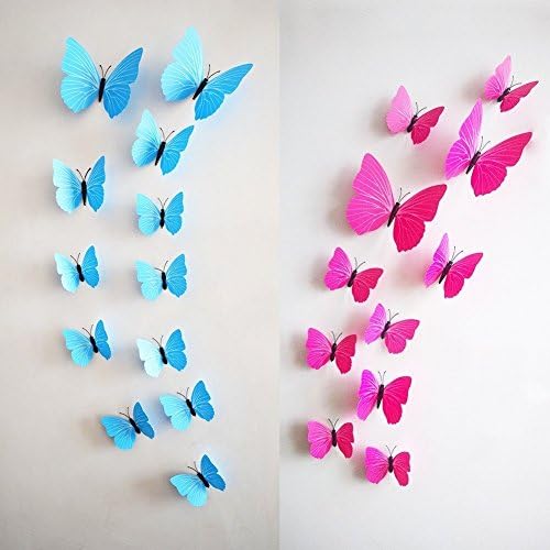 AWAKINK 24 pcs 3D Butterfly Stickers Random Mixed Packing Home Decoration DIY Removable Butterfly Decor Wall Stickers for Kids Room Bedroom Living Room Decor (Pink + Blue)