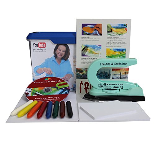 Encaustic Einsteiger-Box mit Maleisen, Wachsfarben, Malkarten und Anleitung auf DVD, Coverfoto mit Monika Romer