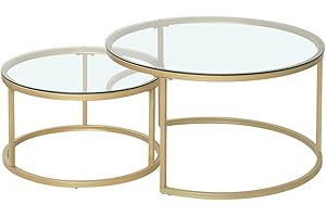 JZGORC Set di 2 Tavolini, Tavolino Rotondo Impilabile per Soggiorno, Gambe in Metallo Placcato Oro, Adatto per Soggiorno, Caffetteria, Lounge (60 * 45 cm e 40 * 35 cm) - Vetro Oro