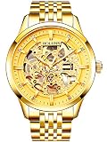 Findtime Herrenuhr Analog Automatik Edelstahl Armband Gold Skelett Strass Design