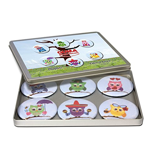 Eulen – Kunterbunte Magnete 6er-Set Ø 5 cm – Lustige Kulleraugen-Vögel Kühlschrankmagnete mit Motiv Eulenferien für Magnettafel Pinnwand Magnetpinnwand Memoboard Whiteboard – Original Magnete GUMA Magneticum® - 2