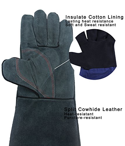 OZERO Schweißhandschuhe, Perfekt für Barbecue Schweisser Mig Kamin Kaminofen Pot-Halter Gartenarbeit – Baumwolle Futter mit 14 inch extralange Hülse Hitzebeständige BBQ Leder Handschuhe Grillgloves - 3
