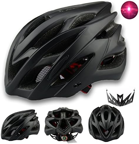 Unisex cycling helmet with Integrated LED tail light and sun shield, bug screen, MTB bicycle helmet with 22 vents, size 57 - 62, matt black