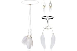 LOLIAS 4 Pièces Coiffe Indienne Ensemble Collier Cuir Boucles d'oreilles Plumes pour Femmes Bracelet Fait Main Vintage Boho Hippie Tribal Thème Fête Carnaval Bijoux