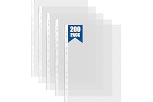 FWEEK 200 Pcs Punched Pockets A4 Clear 80 Micron Strong Plastic Wallet Sleeves, Top Opening Poly Pockets for Ring Binder Folders