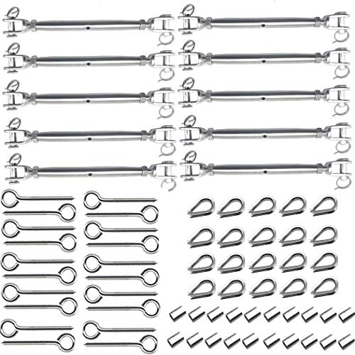 1/8 Cable Barandilla Kits para Postes de Madera, 316 Acero Inoxidable Cerrado Cuerpo Pino Tensor Pino de 10 PCS, Residía Ojo de Tornillo 20 Pc, 10 pack por CESHUMD