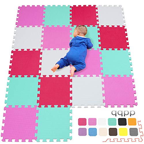 qqpp Alfombra Puzzle para Niños Bebe Infantil - Suelo de Goma EVA Suave. 18 Piezas (30*30*1cm), Blanco,Rosa,Verde,Rojo. QQC-ACHIb18N