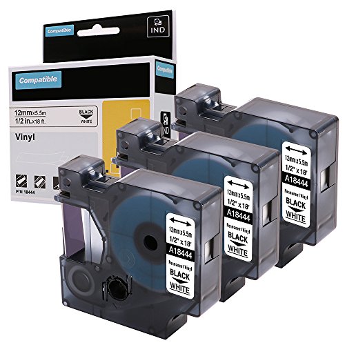3x Nastro per Dymo 18444 Etichette Vinile Industriale, 12mm x 5,5m, Nero su bianco, Compatibile con Rhino Industrial 5200, 5000, 4200 Stampante per etichette