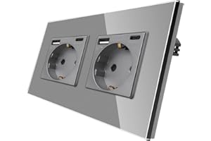 CNBINGO Podwójne gniazdko szklane z portami USB (typ C i typ A łącznie 3,1 A) – szybkie ładowanie USB – podwójne gniazdko podtynkowe w kolorze szarym – zestyk ochronny, gniazdko ścienne ze szklaną
