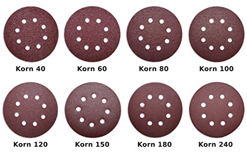 80 Exzenter Klett Schleifpapier Schleifscheiben für Exzenter- Schleifer mit Ø 125 mm und 8-fach Lochung als Preisfiffi Spezial SET - Pack mit je 10x Korn 40/60/80/100/120/150/180/240 (Ø125mm)
