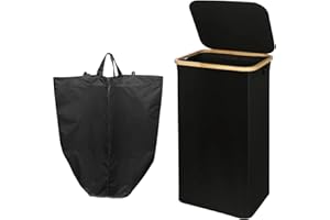 LAZY COOK Cesto Ropa Sucia Grande con Tapa 110L - Cubo Ropa Sucia Plegable con Bolsa Interior XXL - Cesto de Ropa con Asas de Bambú Perforado con 4 Botón para Evitar que la Bolsa se Deslice
