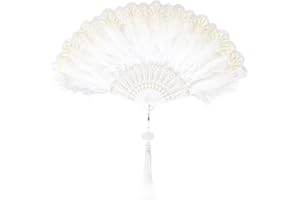 KIRZAX Damen Fächer Feder, Embroidered Flower Feather Fan, 1920s Vintage Style Folding Handheld Feather Fan, Flapper Hand Fan for Costume Halloween Dancing Wedding Party Prom Tea Party