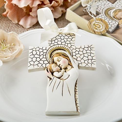 6 Madonna &amp; Child Hanging Cross Ornament - Christenings Weddings Favours Gifts - (2 Pack)