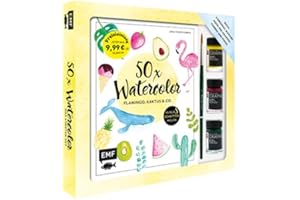 50 x Watercolor – Flamingo, Kaktus & Co. – Starter-Set – Sonderausgabe: Die beliebtesten Aquarellmotive in nur 5 Schritten – Buch, 3 original Marabu Aqua-Ink-Graphix-Farben und Pinsel