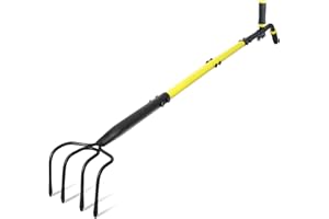 Jardineer Garden Cultivator Rake Long Handle, 4-Tine Hand Cultivator Garden Tool with Auxiliary Handle, Soil Cultivators for Gardening or Yard Tiller for Dirt and Grass