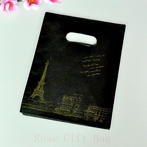 dalbags – Bags, Pack of Pack of 50 Plastic with Eiffel Tower Design Black and Gold Print with Handles Model Asola Format 40 x 50 cm