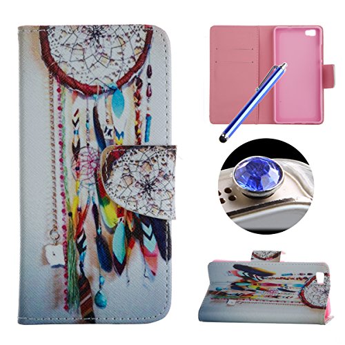 Etche Stand Case for Huawei P8 Lite ,Leather Wallet Case for Huawei P8 Lite,Cool Feather Dreamcatcher Pu Leather Magnetic Flip Case with Card Holder for Huawei P8 Lite with Blue Stylus Pen and Bling Glitter Diamond Dust Plug Colors Random-Feather Dreamcatcher