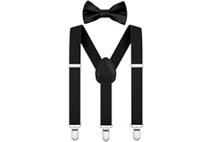 AOOWU Bow Tie and Suspender Set for Kids Boys Girls Child, Solid Color Bow Tie Boys Suspenders Y Shape with Clips Elastic Adjustable Toddler Brace for Halloween Christmas Wedding Party Cosplay