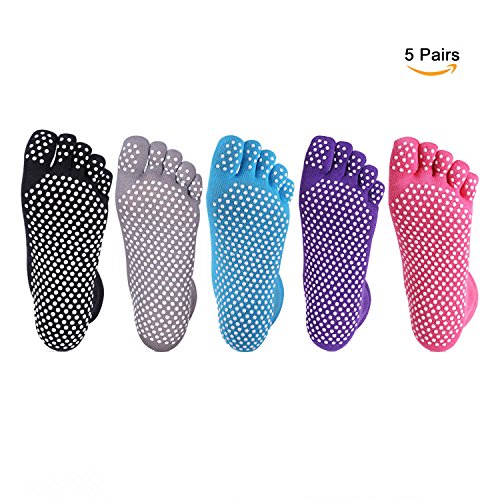 YNXing 5 paia antiscivolo Skid Pilates Calze da yoga erogazione antiscivolo Yoga calze a cinque dita antiscivolo punta piena con manopole in cotone per le donne
